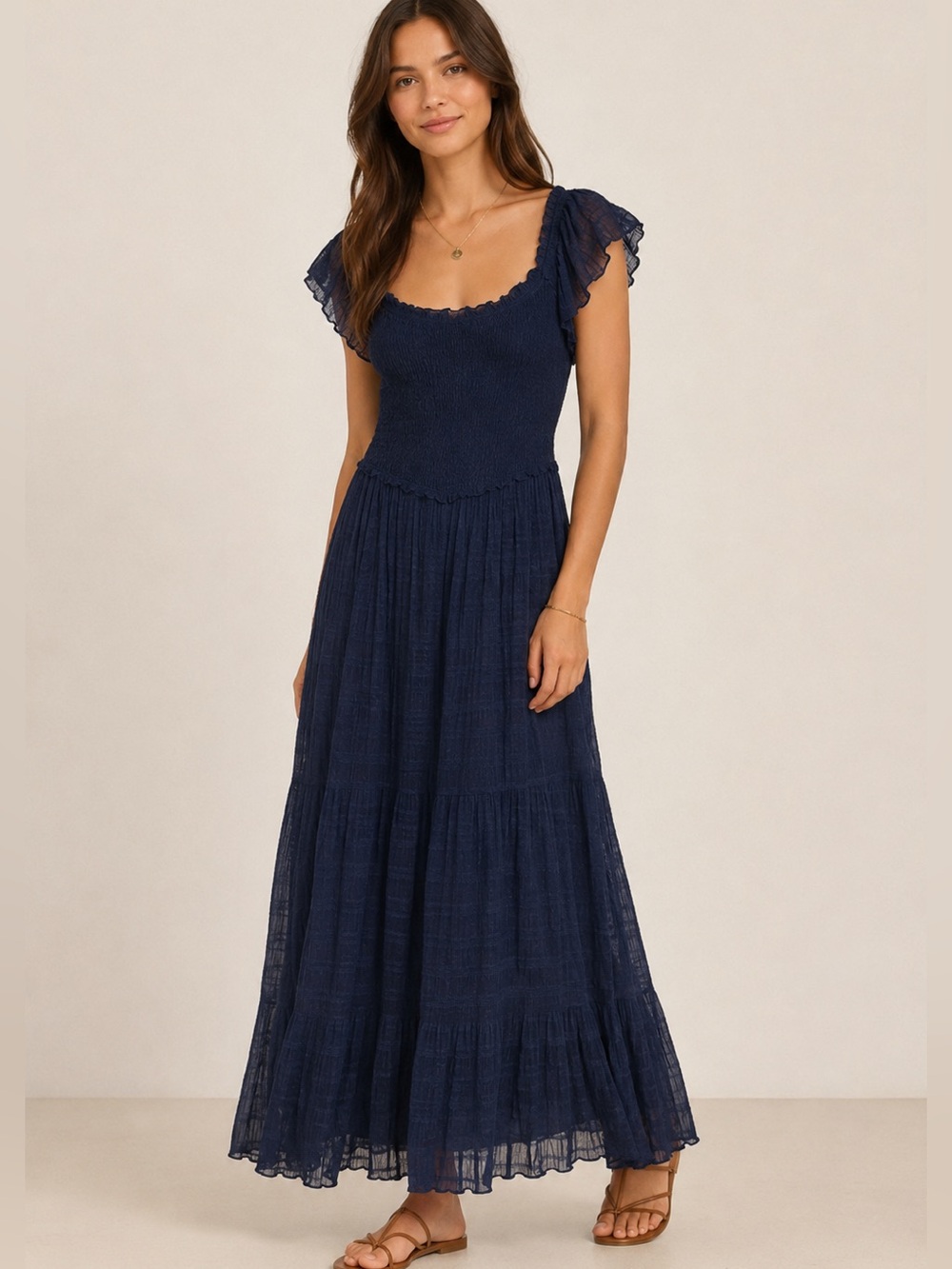 Max Studio Navy Maxi Dress Size L Summer Smocked Sheer Ruffle Sleeve Boho Chic